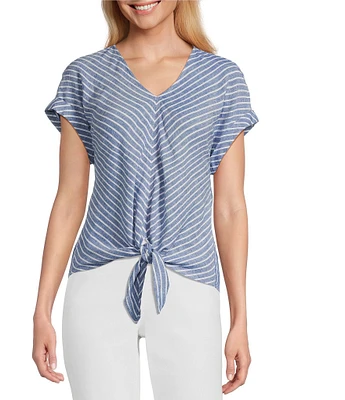 Westbound Stripe Short Sleeve V-Neck Tie Front Top