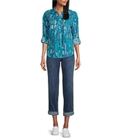 Westbound Tie-Dye Roll Tab Long Sleeve Point Collar Henley Top