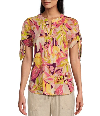 Westbound Tie Short Sleeve Y-Neck Pleated Top