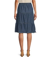 Westbound Tiered Fray Hem Button Front Tiered Midi A-Line Skirt