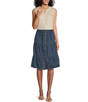 Westbound Tiered Fray Hem Button Front Tiered Midi A-Line Skirt