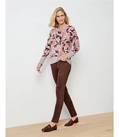 Westbound Tonal Floral Toss Long Sleeve Crew Neck Button Cuff Top