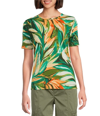 Westbound Tropical Leaf Short Sleeve Crew Neck Top