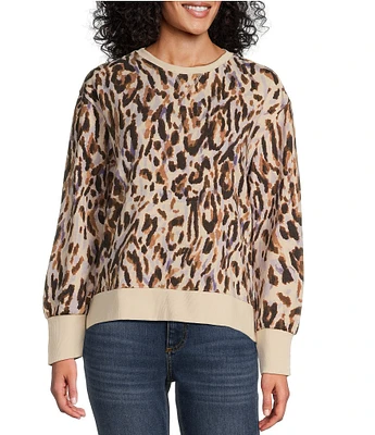 Westbound Watercolor Jungle Print Long Sleeve Drop Shoulder Crew Neck Top