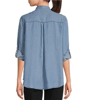 Westbound Woven Chambray Long Roll-Tab Sleeve Point Collar Y-Neck Button Front Shirt