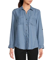 Westbound Woven Chambray Long Roll-Tab Sleeve Point Collar Y-Neck Button Front Shirt