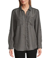 Westbound Woven Chambray Long Roll-Tab Sleeve Point Collar Y-Neck Button Front Shirt