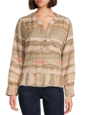 Westbound Woven Diffused Stripe Long Roll-Tab Sleeve Henley Patch Pocket Top