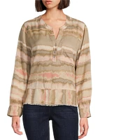 Westbound Woven Diffused Stripe Long Roll-Tab Sleeve Henley Patch Pocket Top