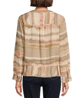 Westbound Woven Diffused Stripe Long Roll-Tab Sleeve Henley Patch Pocket Top
