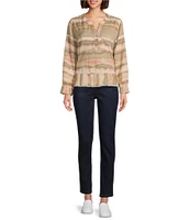 Westbound Woven Diffused Stripe Long Roll-Tab Sleeve Henley Patch Pocket Top