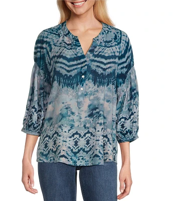 Westbound Woven Elbow Smock Sleeve Henley Blouse