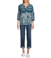 Westbound Woven Elbow Smock Sleeve Henley Blouse