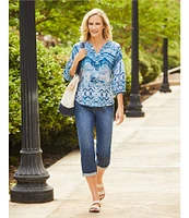 Westbound Woven Elbow Smock Sleeve Henley Blouse