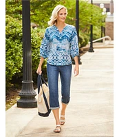 Westbound Woven Elbow Smock Sleeve Henley Blouse