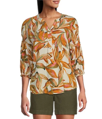 Westbound Woven Elbow Smock Sleeve Henley Blouse