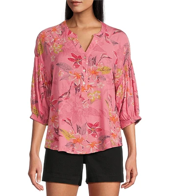 Westbound Floral Woven Elbow Smock Sleeve Henley Blouse