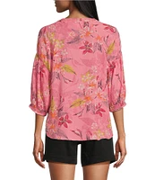 Westbound Floral Woven Elbow Smock Sleeve Henley Blouse