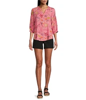 Westbound Floral Woven Elbow Smock Sleeve Henley Blouse