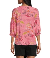 Westbound Floral Woven Elbow Smock Sleeve Henley Blouse