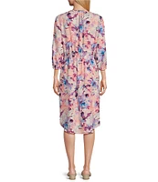 Westbound Woven Floral Whips Print V-Neck 3/4 Sleeve Midi Dress