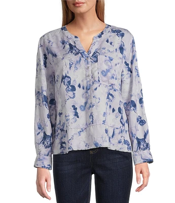 Westbound Woven Layered Splatter Long Roll-Tab Sleeve Henley Patch Pocket Top