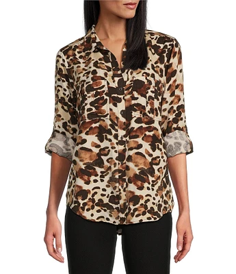 Westbound Woven Leopard Print Long Roll-Tab Sleeve Point Collar Y-Neck Button Front Shirt