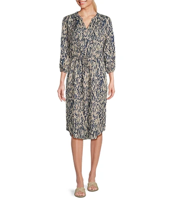 Westbound Woven Sandy Tides Print V-Neck 3/4 Sleeve Midi Dress