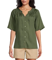 Westbound Woven Short Sleeve Y-Neck Button Front Top