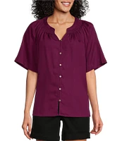 Westbound Woven Short Sleeve Y-Neck Button Front Top