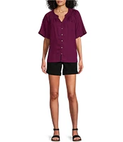 Westbound Woven Short Sleeve Y-Neck Button Front Top