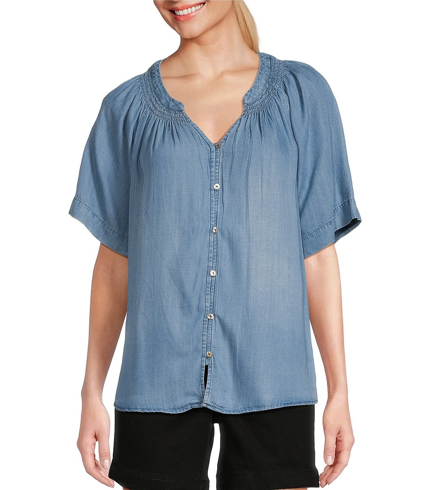 Westbound Woven Chambray Short Sleeve Y-Neck Button Front Top