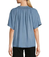 Westbound Woven Chambray Short Sleeve Y-Neck Button Front Top