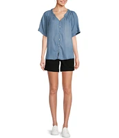 Westbound Woven Chambray Short Sleeve Y-Neck Button Front Top