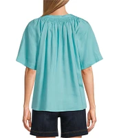 Westbound Woven Short Sleeve Y-Neck Button Front Top