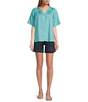 Westbound Woven Short Sleeve Y-Neck Button Front Top