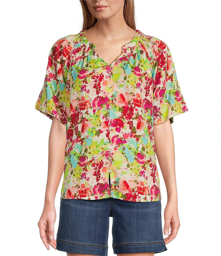 Westbound Woven Short Sleeve Y-Neck Button Front Floral Top