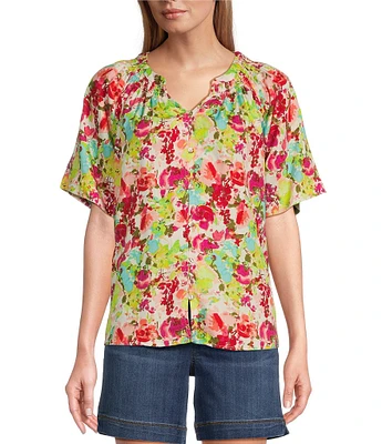 Westbound Woven Short Sleeve Y-Neck Button Front Floral Top