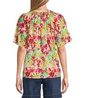 Westbound Woven Short Sleeve Y-Neck Button Front Floral Top