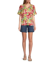 Westbound Woven Short Sleeve Y-Neck Button Front Floral Top