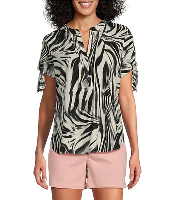 Westbound Zebra Printed Tie Short Sleeve Y-Neck Top