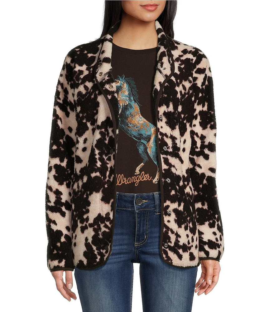 Wrangler® Long Sleeve Cow Print Full Snap Sherpa Sweater Jacket