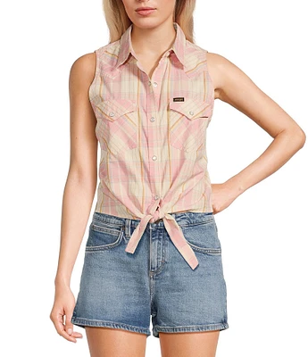 Wrangler® Plaid Sleeveless Tie-Hem Woven Shirt