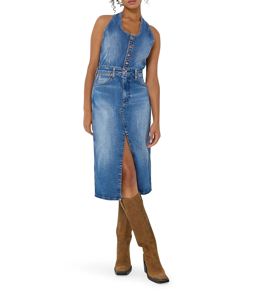 Wrangler Racerback Halter Scoop Neck Sleeveless Denim Midi Dress