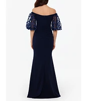 Xscape 3D Flower Applique Off-the-Shoulder Short Puffed Sleeve Scuba Crepe Sheath Gown