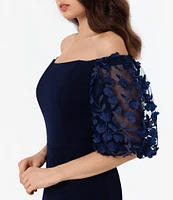 Xscape 3D Flower Applique Off-the-Shoulder Short Puffed Sleeve Scuba Crepe Sheath Gown