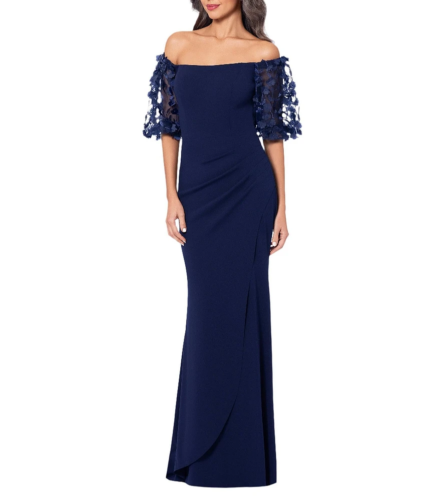 Xscape 3D Flower Applique Off-the-Shoulder Short Puffed Sleeve Scuba Crepe Sheath Gown