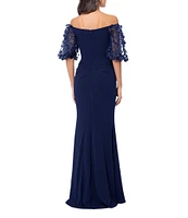 Xscape 3D Flower Applique Off-the-Shoulder Short Puffed Sleeve Scuba Crepe Sheath Gown