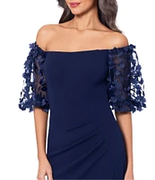 Xscape 3D Flower Applique Off-the-Shoulder Short Puffed Sleeve Scuba Crepe Sheath Gown