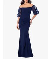 Xscape 3D Flower Applique Off-the-Shoulder Short Puffed Sleeve Scuba Crepe Sheath Gown